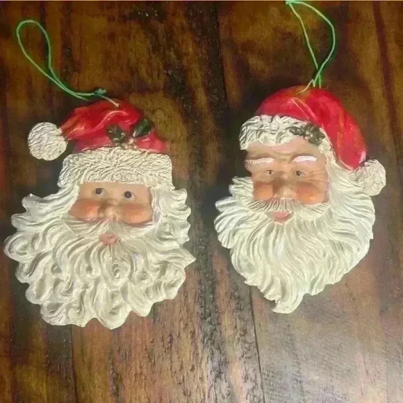 Santa Claus 4” Head Double Sided Christmas Ornament Vintage EUC Lot of 2 - Picture 1 of 3